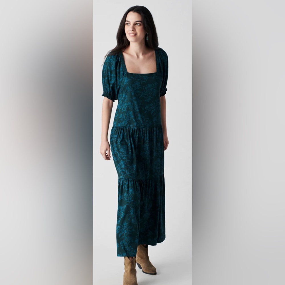 Faherty Somerset Maxi Dress XS Tiered Square Neck Dress Emerald Green Floral